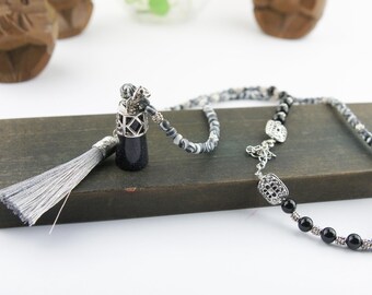108 Bead Mala Necklace – Black Onyx, Stone Beads with Grey Silk Tassel | Celestial-Inspired Meditation Necklace | Boho Yoga Jewelry