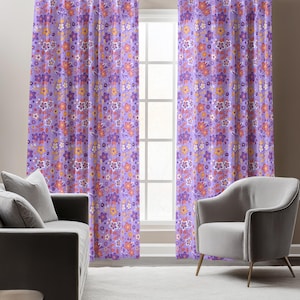 Purple Floral Window Curtains, Modern Vintage Floral Curtains, Purple Floral Drapes, Farmhouse Purple Wildflowers Prints Curtains