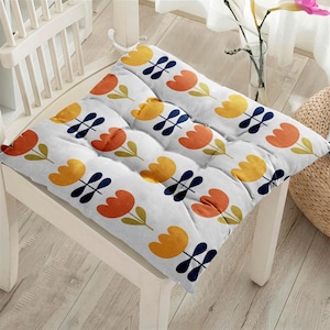 Retro Puffy Chair Pillow, 70s Square Chair Cushions with Ties, Retro Print Seat Pad, Mid Century Print Chair Pads, Colorful Chair Pads