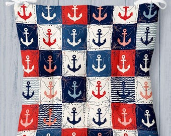 Nautical Puffy Chair Pillow, Marine Square Chair Cushions with Ties, Coastal Print Seat Pad, Summer Nautical Print Chair Pads