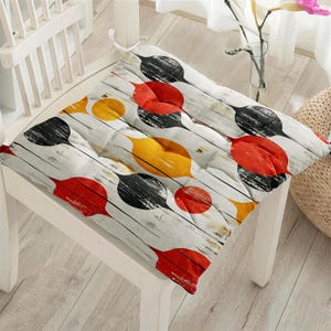 Retro Puffy Chair Pillow, 70s Square Chair Cushions with Ties, Retro Print Seat Pad, Mid Century Print Chair Pads, Colorful Chair Pads