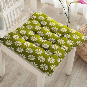 Retro Puffy Chair Pillow, 70s Square Chair Cushions with Ties, Retro Print Seat Pad, Mid Century Print Chair Pads, Colorful Chair Pads