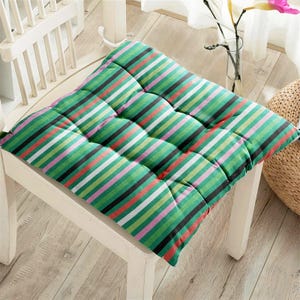 Retro Puffy Chair Pillow, 70s Square Chair Cushions with Ties, Retro Print Seat Pad, Mid Century Print Chair Pads, Colorful Chair Pads