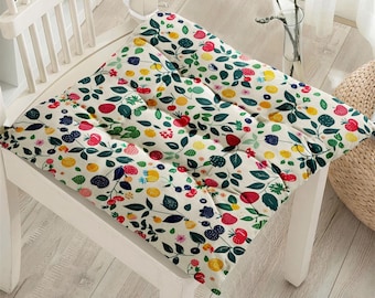 Floral Puffy Chair Pillow, Flowers Square Chair Cushions with Ties, Floral Print Seat Pad, Colorful Floral Chair Pads