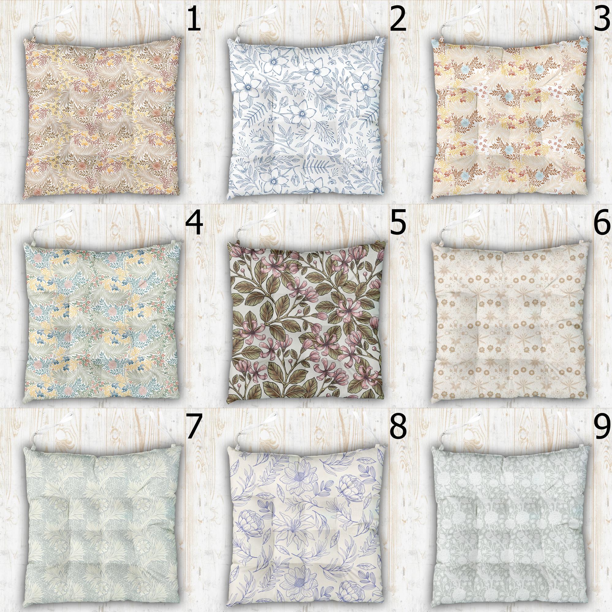 Floral Puffy Dining Chair Cushion, Flowers Indoor Outdoor Seat Cushion, Square Chair Cushions with Ties, Soft Color Floral Chair Pads