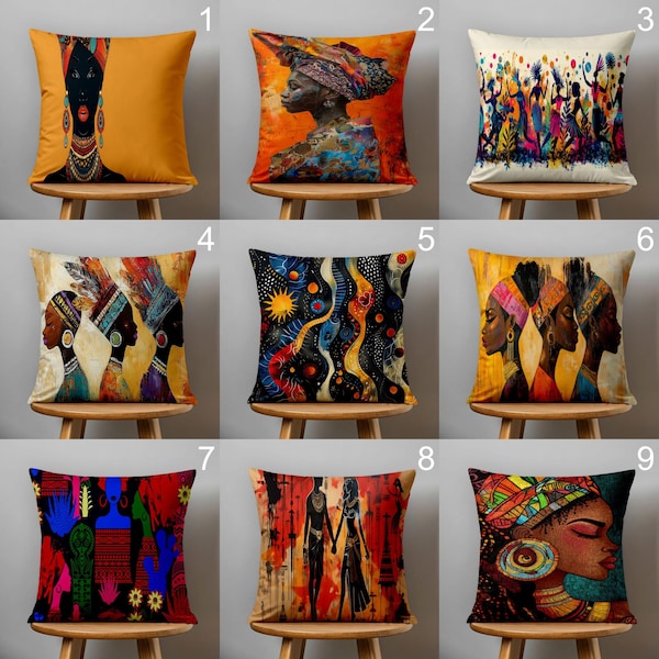 Afrocentriska dekorativa örngott, afrikansk konstkudde, färgglad boho prydnadskudde, tribal kvinnadesign, etnisk heminredning