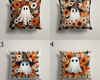 Halloween Ghost Pillow Cover, Spooky Cushion Case, Fall Throw Pillow, Cute Ghost Home Decor, Witch Hat Cushion Cover