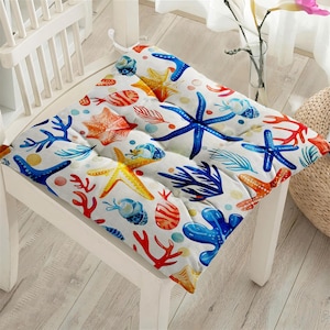 Ocean Puffy Chair-kussen, nautisch vierkant stoelkussen met stropdassen, zitkussen kustprint, zomerse stoelkussens nautische print