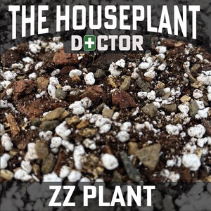 May include: Close-up of a ZZ plant soil mix, featuring a mix of brown soil, white pebbles, and small red rocks. The soil is labelled "THE HOUSEPLANT DOCTOR" and "ZZ PLANT".