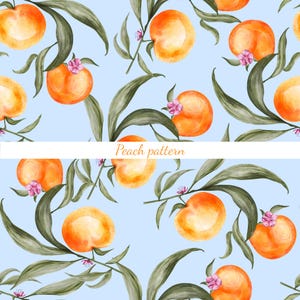 May include: A seamless pattern featuring watercolor illustrations of peaches with pink blossoms and green leaves on a light blue background. The peaches are arranged in a repeating pattern, creating a cheerful and summery design.