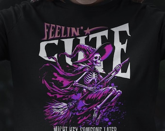 Funny Witch Skeleton Graphic Tee - Gothic Halloween T-Shirt