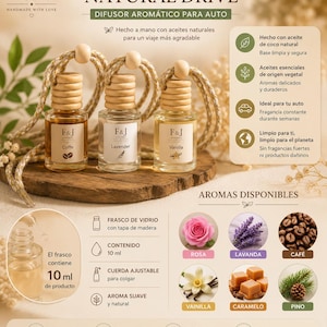 May include: Three small glass car air freshener bottles with wooden caps and adjustable hanging cords. Each bottle contains 10 ml of liquid and features a label with the text F&J Natural Drive, specifying scents like Coffee, Lavender, and Vanilla.