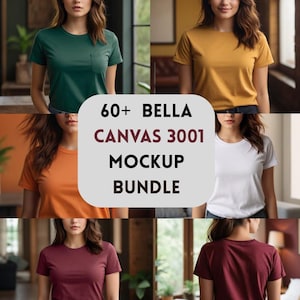 May include: A mockup bundle featuring various Bella Canvas 3001 t-shirts in different colors, including green, yellow, orange, white, and burgundy. The text "60+ BELLA CANVAS 3001 MOCKUP BUNDLE" is displayed in the center of the image.