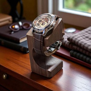 May include: A brown leather watch with a silver case is displayed on a wooden watch stand. The watch has a brown face with gold accents. The stand is made of dark wood and has a curved base. The watch band is brown leather.