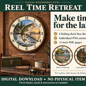 Pode incluir: Um produto de download digital apresentando um relógio de parede redondo com um robalo saltando para fora da água no mostrador. O texto inclui REEL TIME RETREAT, Make time for the lake, 6 fishing clock face designs, Individual PNG artwork files e 11-inch PDF pages.