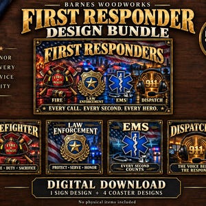 May include: A digital design bundle featuring five graphics for first responders. The main sign displays a city skyline, a fire helmet, a police badge, an EMS star, and a 911 headset. Text includes First Responder Design Bundle, 5 PNG Designs, and Every Call. Every Second. Every Hero.