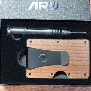 ARW Air Tag Wallet for Men, Minimalist Slim Metal Money Clip Wallet, RFID Blocking Aluminum Cash Credit Card Holder (Walnut Wood)