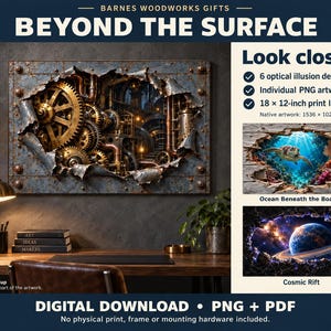 Könnte beinhalten: Ein digitales Download-Produkt mit dem Titel Barnes Woodworks Gifts Beyond The Surface mit 6 optischen Illusionsdesigns. Enthält 45,7 x 30,5 cm Drucklayouts, einzelne PNG-Dateien und Beispiele wie Ocean Beneath the Boards und Cosmic Rift.