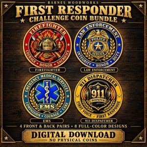 Op de afbeelding: Een digitale downloadbundel met vier ronde challenge coin-ontwerpen voor hulpverleners. De set bevat afbeeldingen voor brandweer, politie, medische hulpdiensten en 911-centralisten, elk met specifieke emblemen, tekst en gouden randen.