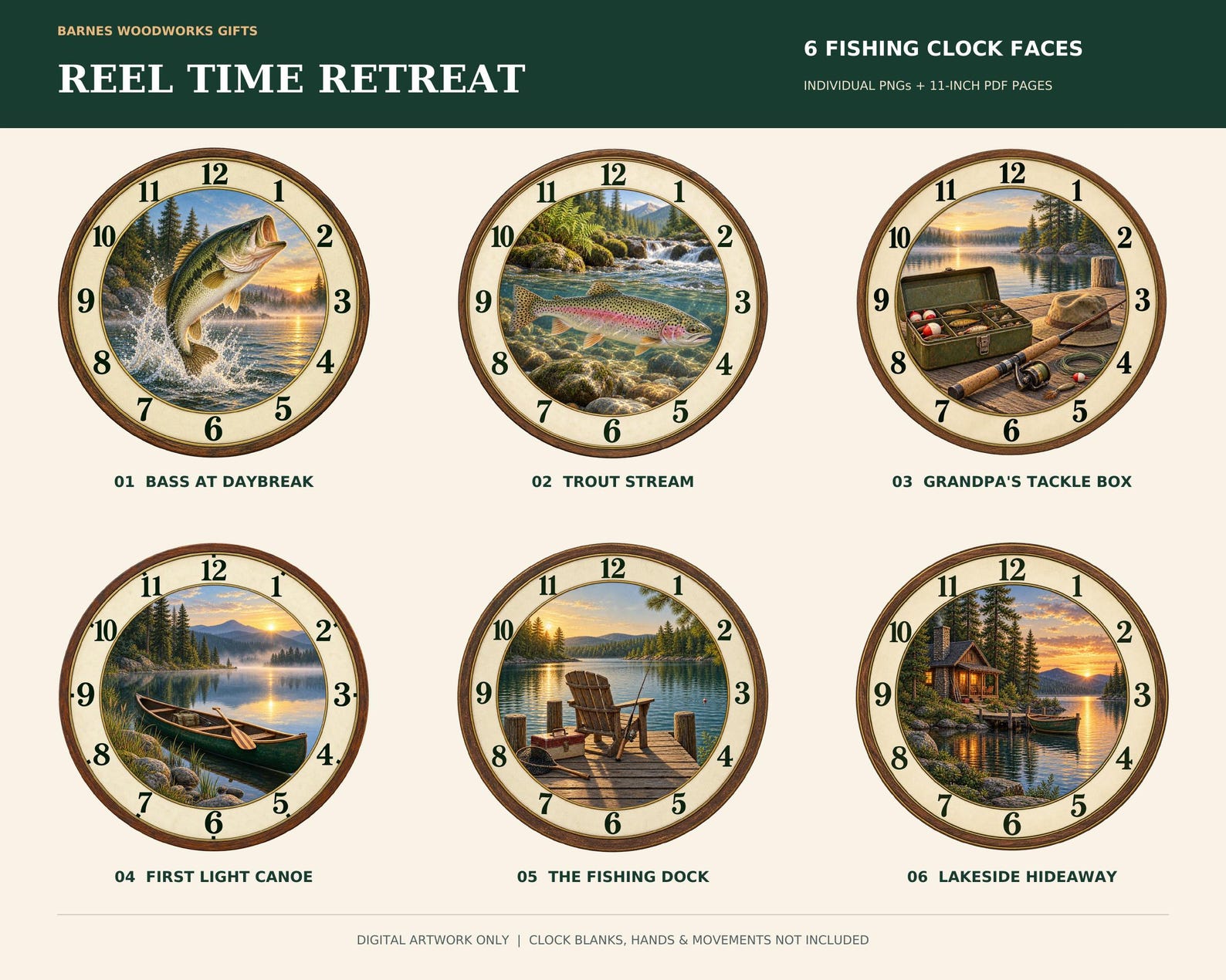 Fishing Clock Face Bundle, 6 Bass Trout Cabin PNG Designs, Rustic Lake ...