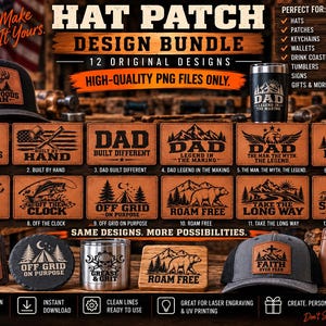 Puede incluir: Un paquete de diseño digital con 12 gráficos de parches estilo cuero con temas de aire libre, vida silvestre y paternidad. La colección incluye diseños basados en texto como Backwoods Born, Dad Built Different y Faith Over Fear, mostrados en gorras, vasos y carteras.