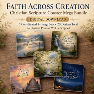Puede incluir: Un paquete de descarga digital de posavasos cuadrados con imágenes de la naturaleza y escrituras cristianas. Los diseños incluyen paisajes, cascadas y cielos estrellados con textos como He leadeth me beside the still waters y Great is thy faithfulness.