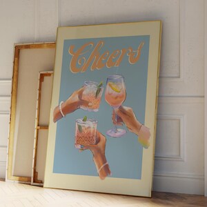 Cocktail Art Print, Cheers Poster, Retro Blue Wall Art, Bar Cart Decor, Cute Apartment Wall Art, Trendy Drink Poster