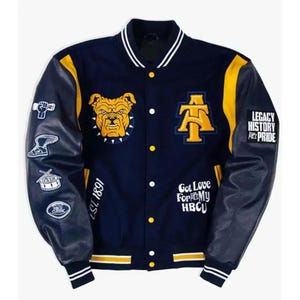 Chaqueta universitaria con el lema 3.0 Aggie Pride de la HBCU North Carolina A&T, chaqueta bomber universitaria de Carolina del Norte hecha a mano