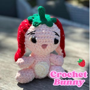 Crochet Amigurumi Bunny – Customizable Bunny with Strawberry Hat and Strawberry Tail – Handmade Plushie Toy – Cute Stuffed Animal Gift