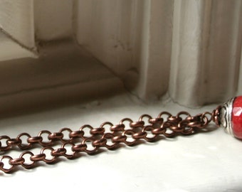 Coral Sterling Silver Copper Chain Rustic Woodland Vintage Tibetian Necklace