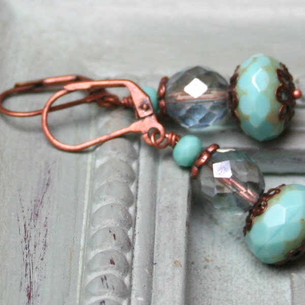 Turquoise Glass Earrings / Rustic Earthy Earrings / Woodland Earrings / Dangle Earrings / Aqua Blue Earrings / Missie Rabdau