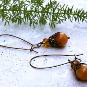 Yellow Jade Amber Glass Dangle Brass Rustic Earthy Woodland Earrings image 1