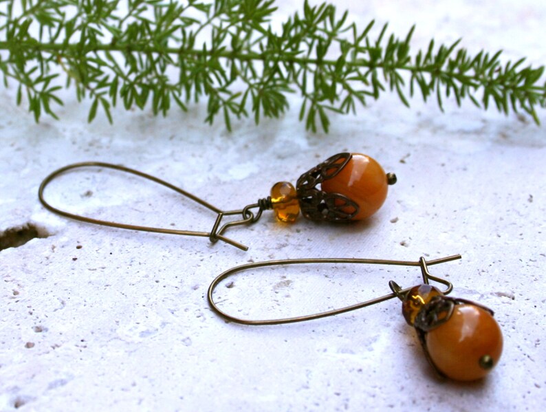 Yellow Jade Amber Glass Dangle Brass Rustic Earthy Woodland Earrings image 1