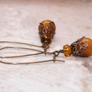 Yellow Jade Amber Glass Dangle Brass Rustic Earthy Woodland Earrings image 3