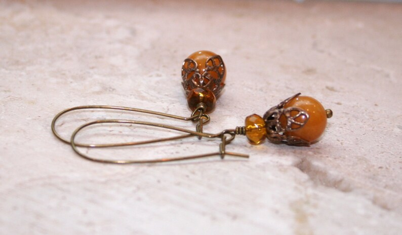 Yellow Jade Amber Glass Dangle Brass Rustic Earthy Woodland Earrings image 3