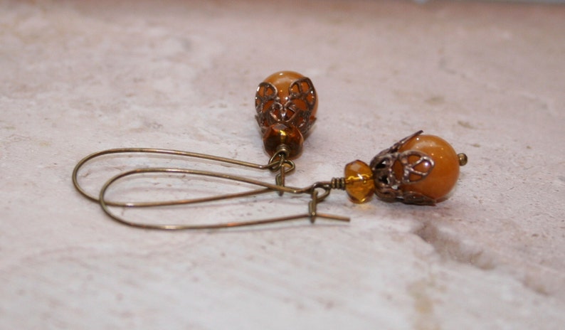 Yellow Jade Amber Glass Dangle Brass Rustic Earthy Woodland Earrings image 4