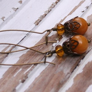 Yellow Jade Amber Glass Dangle Brass Rustic Earthy Woodland Earrings image 2