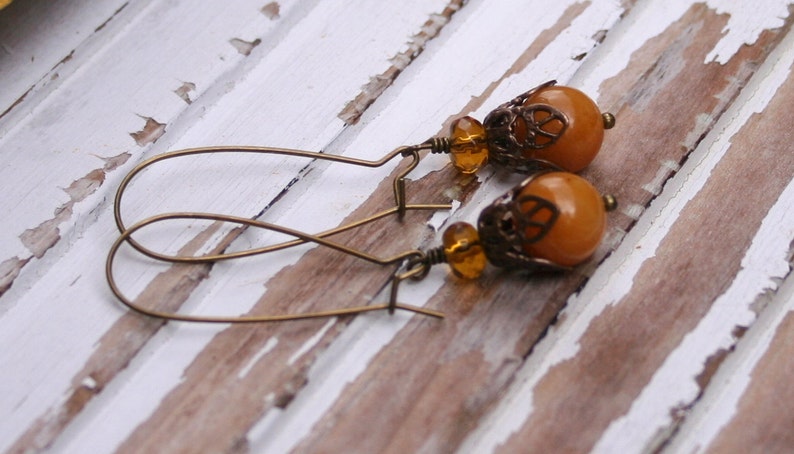 Yellow Jade Amber Glass Dangle Brass Rustic Earthy Woodland Earrings image 2