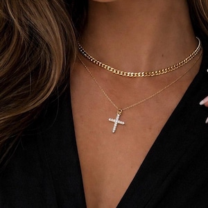 Dainty Cross Necklace Diamond Cross Necklace Curb Chain Necklace Layered Necklace (Set of 2) Gift for Her 18k Gold Filled Religious Necklace