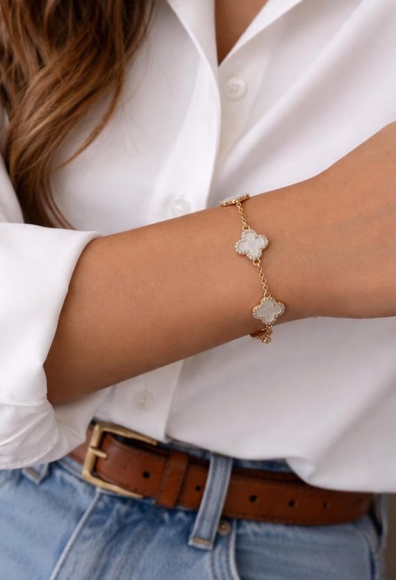 Clover Bracelet: Cubic Zirconia 14k Gold Filled Four Leaf Charm, 5 small clover motifs, Pearl White