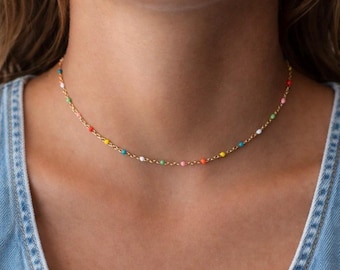 Rainbow Beaded Choker: 18k Gold Filled Boho Necklace