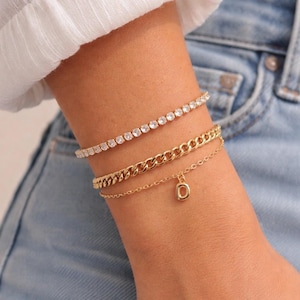 18k Gold Filled Dainty Bubble Initial Charm Bracelet Stack Set Gifts for Her Dainty Bracelets Stacking Bracelets Personalized Jewelry