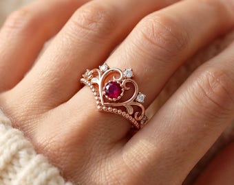 Rose Gold Crown Ring, Ruby Tiara Promise Ring, Gift for Her