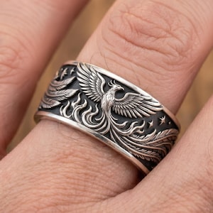 Anillo Phoenix de plata de ley 925, alianza de boda, anillo unisex con grabado de ave.