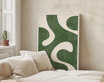 Middeleeuwse groene abstracte rondingen moderne minimalistische afdrukbare muurkunst, groene en beige tinten digitale muurkunst, groen-beige abstracte print