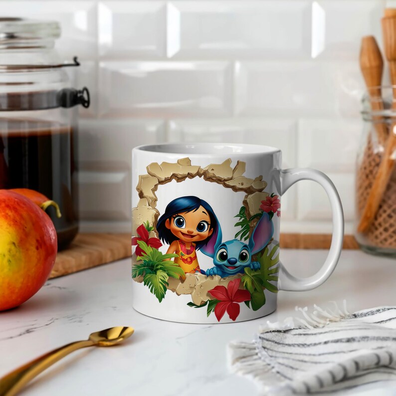 May include: White ceramic mug with a colorful cartoon image of a girl with brown hair and a blue alien character. The image is surrounded by tropical flowers and leaves.