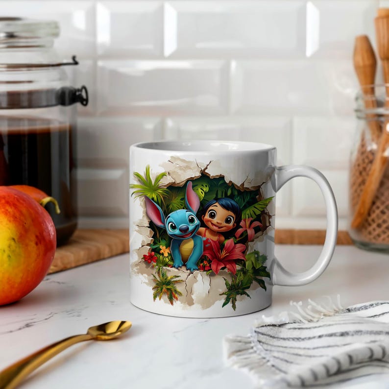 May include: White ceramic mug with a colorful cartoon image of Stitch and Lilo from Disney's Lilo & Stitch. The image shows Stitch and Lilo peeking out of a cracked wall with tropical plants and flowers.