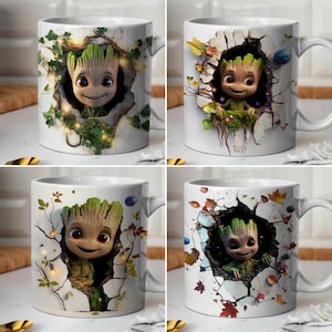 May include: Set of four white ceramic mugs featuring a graphic print of a green character breaking through a wall. The character has a green face, brown hair, and a brown body. The background of the mugs is white with a green, brown, and blue design.