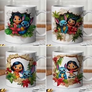 May include: Four white ceramic mugs with a colorful cartoon design featuring Stitch and Lilo from the Disney movie Lilo & Stitch. The mugs have a handle on the right side and a broken wall design with tropical plants and flowers.