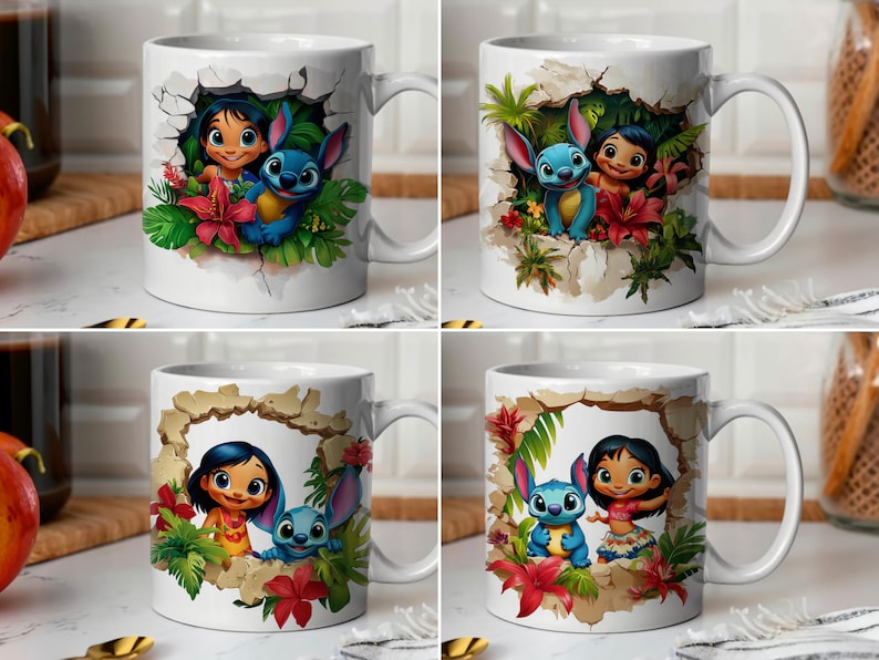 May include: Four white ceramic mugs with a colorful cartoon design featuring Stitch and Lilo from the Disney movie Lilo & Stitch. The mugs have a handle on the right side and a broken wall design with tropical plants and flowers.